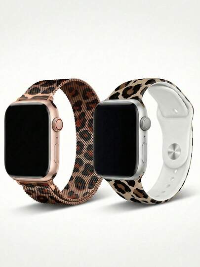 2 piezas Correas de reloj con estampado de leopardo compatibles con de 49mm, 46mm, 45mm, 44mm, 42mm, 41mm, 40mm, 38mm, correa de metal y silicona compatible con Apple Watch de 49mm, 46mm, 45mm, 44mm, 42mm, 41mm, 40mm, 38mm, correas de reloj inteligente de moda para Apple Watch Series 11 SE3 10 9 8 7 6 5 4 3 2 1 Ultra3/2/1