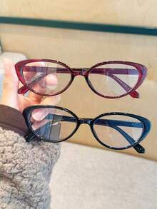 1/2pcs Women Plastic Solid Color Y2K Retro Cat Eye Casual Daily Commute Women Leopard Print Flat Lens Computer Glasses - Multicolor - View 19