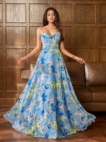 Faeriesty 优雅女士印花连衣裙：采用交叉露背设计，饰以精致印花，配有可调节细肩带、高开衩侧边和修身剪裁——完美适用于新娘写真、花园婚礼宾客、浪漫周年纪念晚餐、目的地婚礼和其他优雅的室内活动。适合派对、度假、春季等场合。 - 藍色 - 查看 4