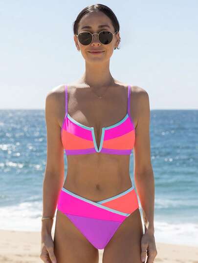 popvil Women's Neon Color Block Bikini Set, Spaghetti Strap High Waist Swimsuit, Suitable For Summer Beach Vacation