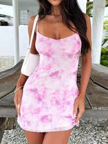 A Summer Dress With Bright Mesh Print And Halter Straps Vacation Outfits Women Valentines Day Dress Pink Dress Elegant Dresses For Party Floral Dresses For Women Pink Dress Wedding Guest Dress For Women - Pink - View 5