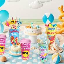 8个杯子和8根吸管夏季海滩套装，夏威夷主题海滩派对用品，可重复使用的海滩派对杯，生日派对糖果杯，居家及活动派对必备套装，精美礼品 - 彩色 - 查看 4