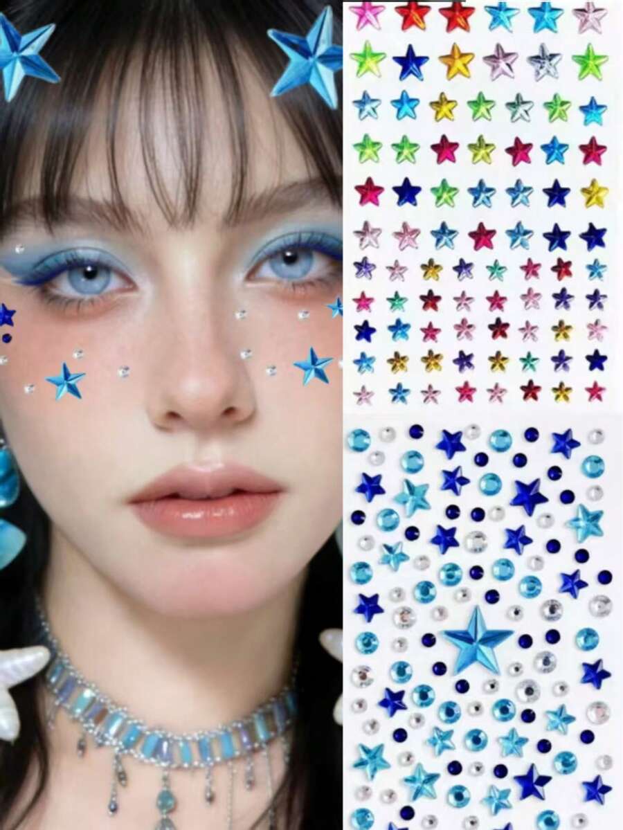 1片Y2K风格彩色星星水钻贴纸,多巴胺妆容音乐节面部装饰,演唱会妆容,面部宝石 - 彩色 - 查看 1