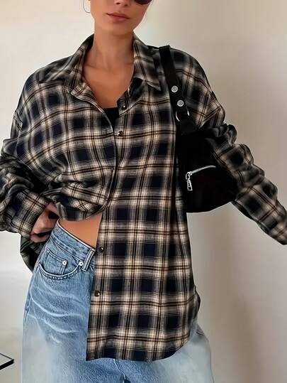 Women's Black & Beige Plaid Oversized Shirt, Chic Casual Loose Fit, Versatile For Daily & Layered Wear, Pair With Jeans For Look