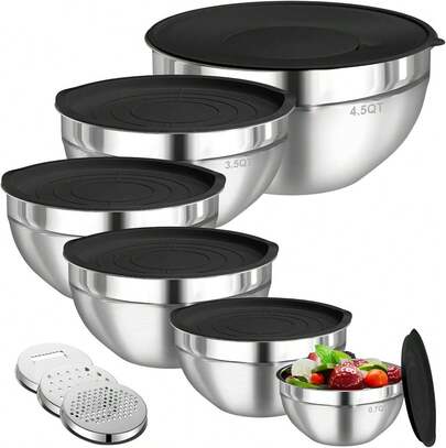 6-Piece Stainless Steel Mixing Bowl Set With Airtight Lids, Nestable Kitchen Storage Bowls (4.5QT, 3.5QT, 2.1QT, 1.5QT, 1.1QT, 0.7QT) With 3 Grater Accessories