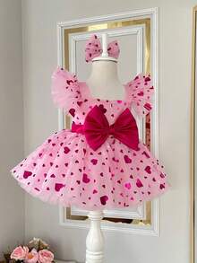 Baby Girls Love & Cap Sleeve Mesh Tulle Princess Party Pink Dress, Elegant Birthday Gift Dress For Girls, Suitable For Birthday, Wedding, Holiday Celebration - Dusty Pink - View 4