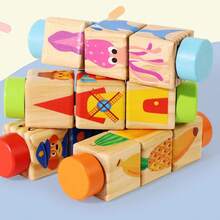 1pc Rotating Puzzle Wooden Vertical Building Blocks Toy, Cartoon Blocks Educational Toy, Rotating Toy, Children Hand-Eye Coordination Training Puzzle Toy - Character Version - View 5