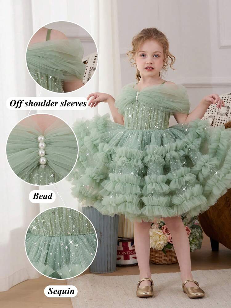 فستان كعكة أميرة أنيق من الشبك المطرز باللؤلؤ والترتر بحمالات رفيعة وأكتاف مكشوفة باللون الأخضر النعناعي، مناسب لحفلات عيد ميلاد الفتيات الصغيرات، الحفلات الراقية، حفلات التخرج، فستان وصيفة العروس في حفلات الزفاف والعيد - أخضر نعناع - مشاهدة 5