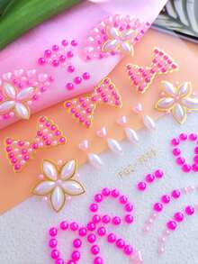 1张粉色珠光蝴蝶结花朵闪亮水钻DIY面部贴片，自粘式，适用于新娘送礼会、下午茶派对和柔美妆容，可重复使用，闪亮水钻，适合女性和可爱DIY美妆爱好者。 - 彩色 - 查看 9