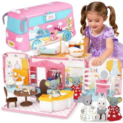 ASDF-Juguetes Casa de Muñecas para Niñas Juguete Plegable Autobús de Transformación Casa de Muñecas con Accesorios de Muñeca y Muebles Regalo Navidad para Niños de 3+ Años