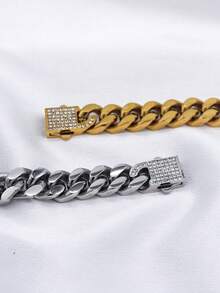 1件装时尚嘻哈个性化18K镀金不锈钢加厚迈阿密链手链，男士派对礼物之选 - 13mm鑲水鑽款 - 查看 6