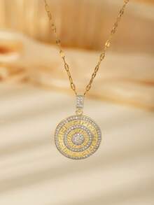 Gold & Silver Geometric Pendant Necklace - Greek Key/Rotating Circle/Diamond Rhinestone Jewelry, Suitable For Elegant Casual/Daily Wear - Gold - View 9