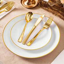 50/25/14/7/1件套圆形白色底单金边派对餐盘，餐具套装，沙拉盘，庆典派对餐具，托盘，10.25英寸和7.5英寸托盘，适用于各种派对、户外、婚礼、餐厅等场合。 - 白底 - 查看 3