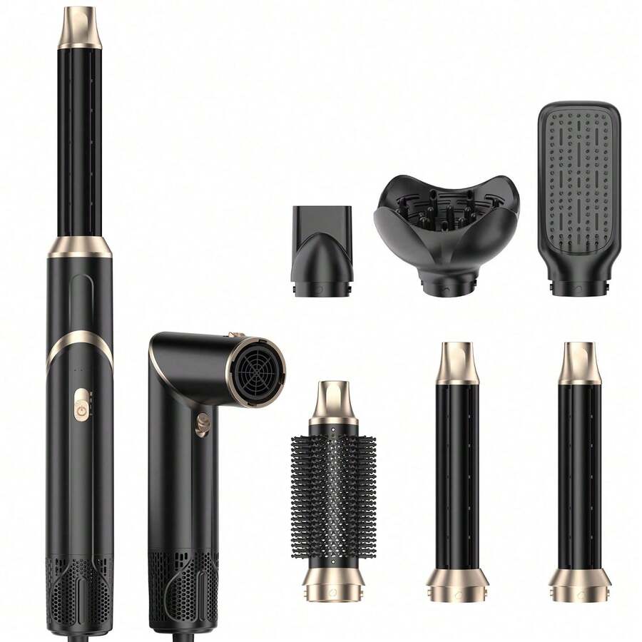 Six-In-One Hot Air Comb Foldable Curling Iron Hair Dryer Straight Roll Multi-Function Portable Hair Dryer - Black and Gold - View 1