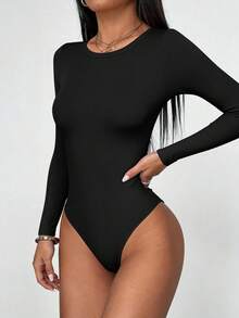 PRETTYGARDEN Women Spring Bodysuits For Long Sleeve Shirts Fitted Basic Ribbed Layering Bodys Tops Fall Fashion Winter Clothes Black Vacation Rompers Outfits For Women - 黑色 - 查看 3