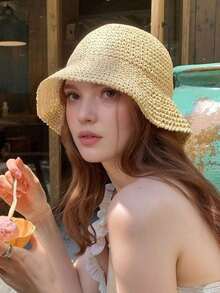 Classic Straw Braid Hat, Women's Beach Hat, Versatile Bucket Hat,, Spring/Summer - Beige - View 3