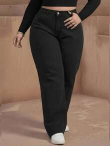 Jeans de pierna ancha para mujer talla grande, diseño de bolsillo lavado largo, sin estiramiento, adecuado para uso diario en primavera - Negro - Ver 5
