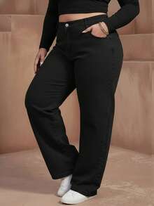 Jeans de pierna ancha para mujer talla grande, diseño de bolsillo lavado largo, sin estiramiento, adecuado para uso diario en primavera - Negro - Ver 6
