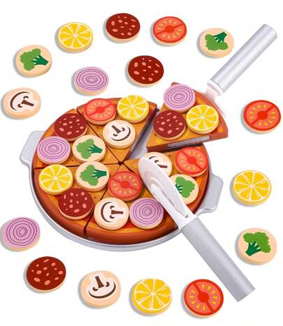 Pizzaset aus Holz, Kinderküchenzubehör, Holzpizza für Kinder, Kaufladenzubehör Spielzeuglebensmittel, Pizzaschneider aus Holz mit Schneidebrett, Lernspielzeug, Geschenk