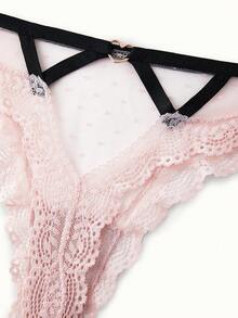 Bonmuse Lace & Mesh See-Through Low-Rise Thong Panties With Hollow Out Design Sexy Lingerie - Pink - View 3