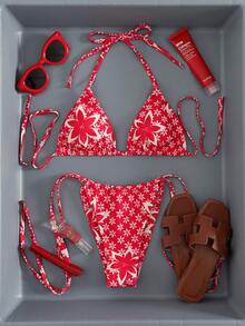 Sultry Sol Conjunto de bikini de mujer con cuello de halter, sexy, elegante y cómodo, con estampado de hoja de arce, tela de alta elasticidad, decoración con colgante metálico, adecuado para primavera/verano, playa, resort, piscina, fiesta, traje de baño de 2 piezas - Rosa Fucsia - Ver 7