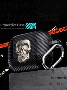 1个旋转骷髅头耳机保护套，适用于苹果Pro 1/2/3/4代，碳纤维纹理软硅胶材质，朋克风保护套，带登山扣