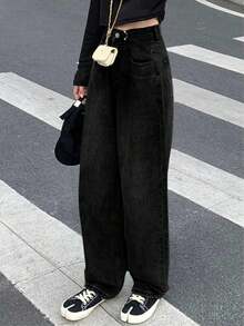 Women's Vintage High Waist Button Fly Wide Leg Straight Jeans - Black - View 2
