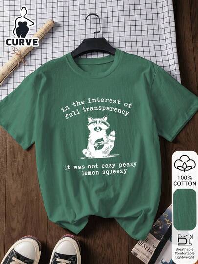 Plus Size Women's Casual Summer 100% Cotton Letter & Animal Print Short Sleeve Top, Graphic Tee, Soft Fabric, Cotton Clothing, Outdoor Top, Printed Pattern, Summer T-Shirt, Women's Tee, Blouse, Summer Wear, Vacation Outfit, Travel Style, Beach Vibe, Minimalist Resort Wear