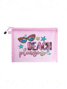 Large-Capacity Transparent Mesh Makeup Bag With"Beach Please" Pattern, Portable Travel Makeup Storage Bag, Colorful Beach-Themed Storage Bag With Zipper Closure,Makeup Bag, Skincare Bag,Portable Storage For Vacations And Travel, Summery Theme - Multicolor - View 12