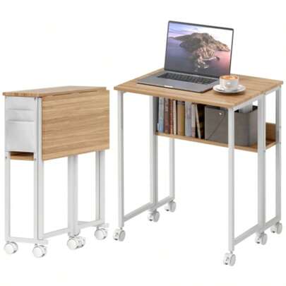 Folding Desk, Small 63cm Folding Desk With Wheels, Space-Saving Computer Desk With Shelf And Storage Bag, Ideal For Teleworking, Natural Color.