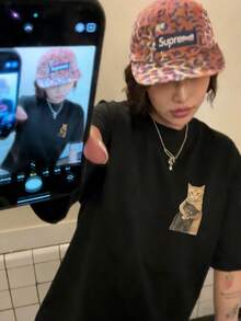 新款夏季 Z 世代 Y2K 风格女式趣味猫咪印花圆领短袖 T 恤 休闲黑色 - 黑色 - 查看 8