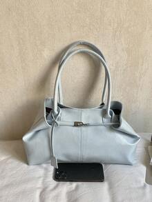 1个女士大容量手提包，PU皮革单肩包，休闲经典简约设计师商务风格包，时尚女士通勤包，黑色、白色、棕色、银色 - 霧霾藍 - 查看 6