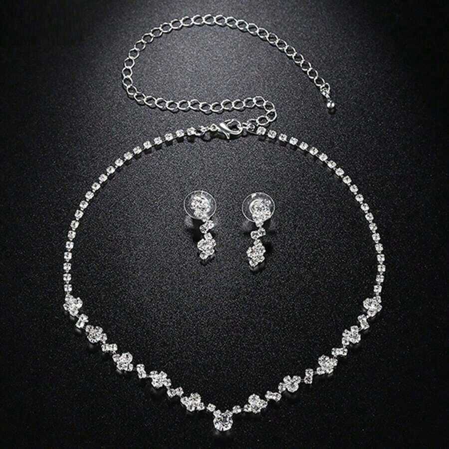 3pcs Simple Waterdrop-Shaped Rhinestone Necklace And Earrings Set Suitable For Women's Wedding, Birthday, Commemoration, Party - 金子 - 查看 1
