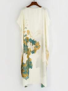 1件女士复古优雅印花仿丝长款卡夫坦罩衫，休闲沙滩防晒披肩和服，夏季连衣裙 - 彩色 - 查看 29