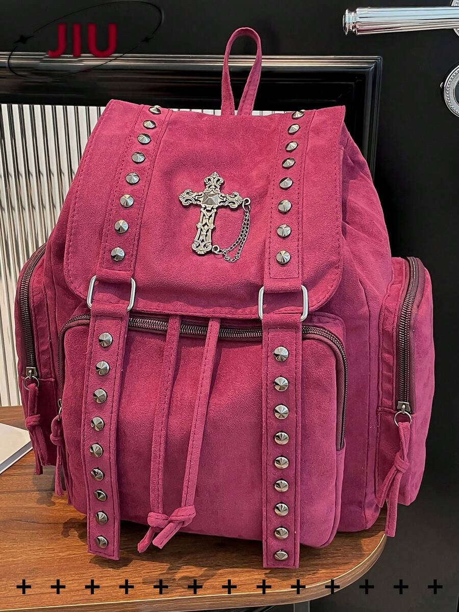 Y2K Streetwear Studded Flap Backpack For Women; Multifunctional Fashion Drawstring Shoulder Bag; Multi-Pocket Lightweight Travel Bag; Large Capacity Minimalist Student Backpack; Portable Backpack Suitable For Students, Nurses, Teachers, Business Professionals, Travel, Commuting, Shopping, Office, Dating, Hiking, Training, Work, Birthday Gift, Holiday Gift