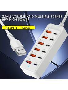 12端口66W大功率充电站 - 6个Type-C PD端口 + 6个USB-A端口 | 单端口最高支持25W低温充电 | 便携式多设备充电器，适用于笔记本电脑/手机/平板电脑 | 家用/办公/旅行/工作场所电源集线器，新品上市 - 白色 - 查看 6