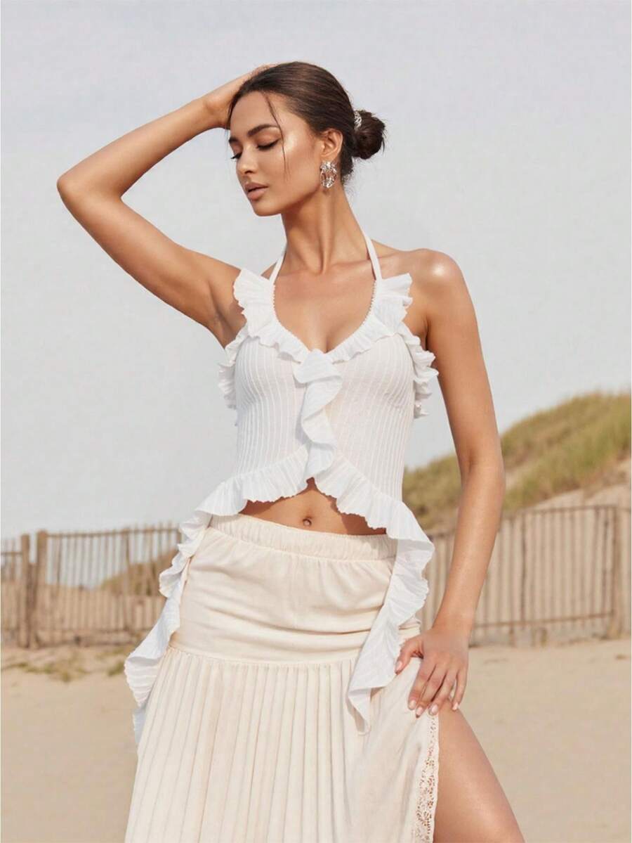 Women Halter Top, Tie-Up Sleeveless Tops Backless Ruffled Solid Summer Vest For Club Party - White - View 1