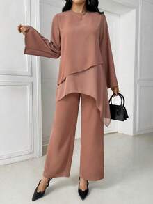 两件套纯色雪纺短袖优雅派对时尚套装 - 女士不规则套装 - 棕色 - 查看 2
