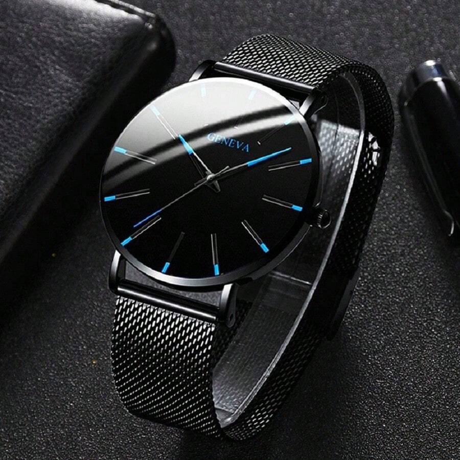 Classic, Casual, And Minimalist Quartz Watch With A Large, Ultra-Thin, Minimalist Dial; Waterproof. - 藍色 - 查看 1