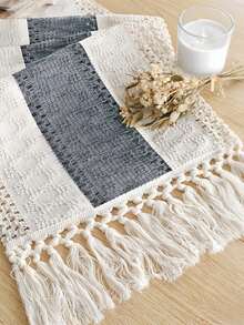 1pc Handmade Woven Boho Style Table Runner, Cream And Brown Tassel Decor, Suitable For Boho Restaurant, Bedroom, Rustic Bridal Shower, Farmhouse, Thanksgiving, Christmas Home Decor (Multiple Sizes Available) - Middle Gray - View 1