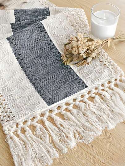 1pc Handmade Woven Boho Style Table Runner, Cream And Brown Tassel Decor, Suitable For Boho Restaurant, Bedroom, Rustic Bridal Shower, Farmhouse, Thanksgiving, Christmas Home Decor (Multiple Sizes Available)