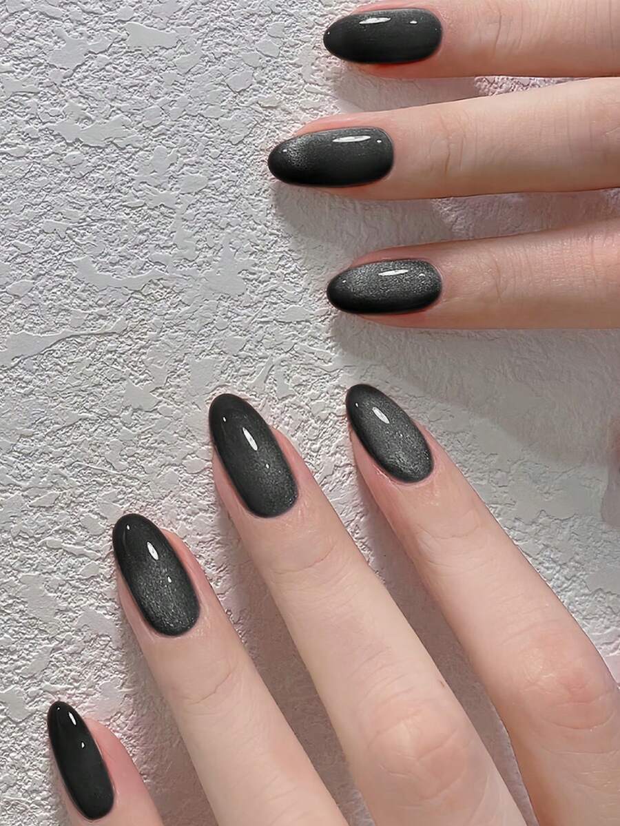 24pcs Cat Eye Nail Stickers, Medium Almond Shape, Black, Reusable, Full Coverage, Minimalist Style, Smooth Surface, Suitable For Women And Girls Daily Wear Nails - Black - View 1