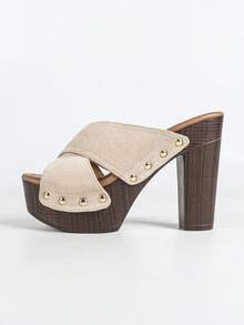 Women's Platform Sandal Heeled Sandals For Women Chunky Heel Summer Dressy Leather Peep Toe Mule Sandals Heel Shoes - 杏色 - 查看 6