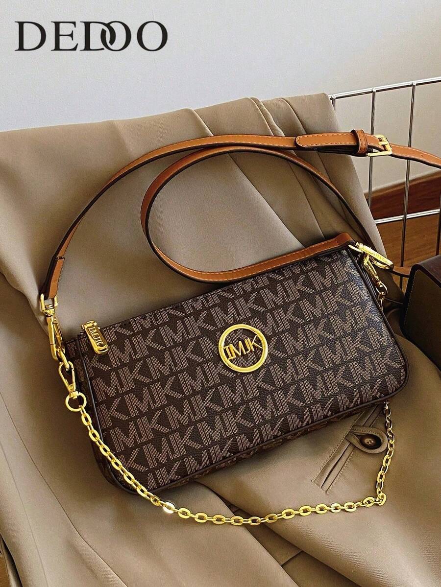 1pc Women's Multicolor Patchwork Square Shoulder Bag, Adjustable Strap, Letter & Chain Decor, Crossbody Bag, New Design - 咖啡棕 - 查看 1