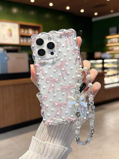 Flätad vågkant minimalistisk elegant TPU hjärtformad fluga målad anti-fall telefonskal med pärlbandstillbehör, kompatibel med iPhone 17Pro/17Air/17/17ProMax 16/11/16Pro/16Plus/16ProMax/16E/15ProMax/13/14/12/XS/XR/7G/8PXR/7/8, målat mjukt TPU-skal för iPhone 15ProMax, 13, 14, 12, 14, X, Flätad vågkant 12/14 målat mjukt TPU-skal som motstår fall