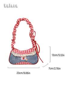 Cute Plaid Shoulder Bag For Women, Stylish Crossbody Bag With Lace And Denim Design, Korean Fashion Kawaii Mini Handbag , Small Square Purse For Commuting Soft Shoulder Strap  Birthday Gift Valentine's Day Gift - 彩色 - 查看 11