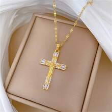 1件奢华闪亮耶稣十字架铜吊坠项链，镶嵌璀璨立方氧化锆不锈钢链，基督教信仰精神象征，日常祈祷祝福饰品，生日、节日、周年纪念日送给挚爱的礼物 - 金色 - 查看 8
