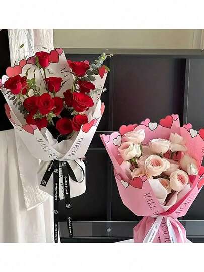 10pcs/Set Romantic Heart Bouquet Wrapping Paper, Elegant Single-Sided Design - Pink And Red Hearts, Roses And "Love" Pattern, Suitable For Valentine's Day, Flower Wrapping, Proposals And DIY Flower Gifts, Home Decor, Scene Decoration, Etc.