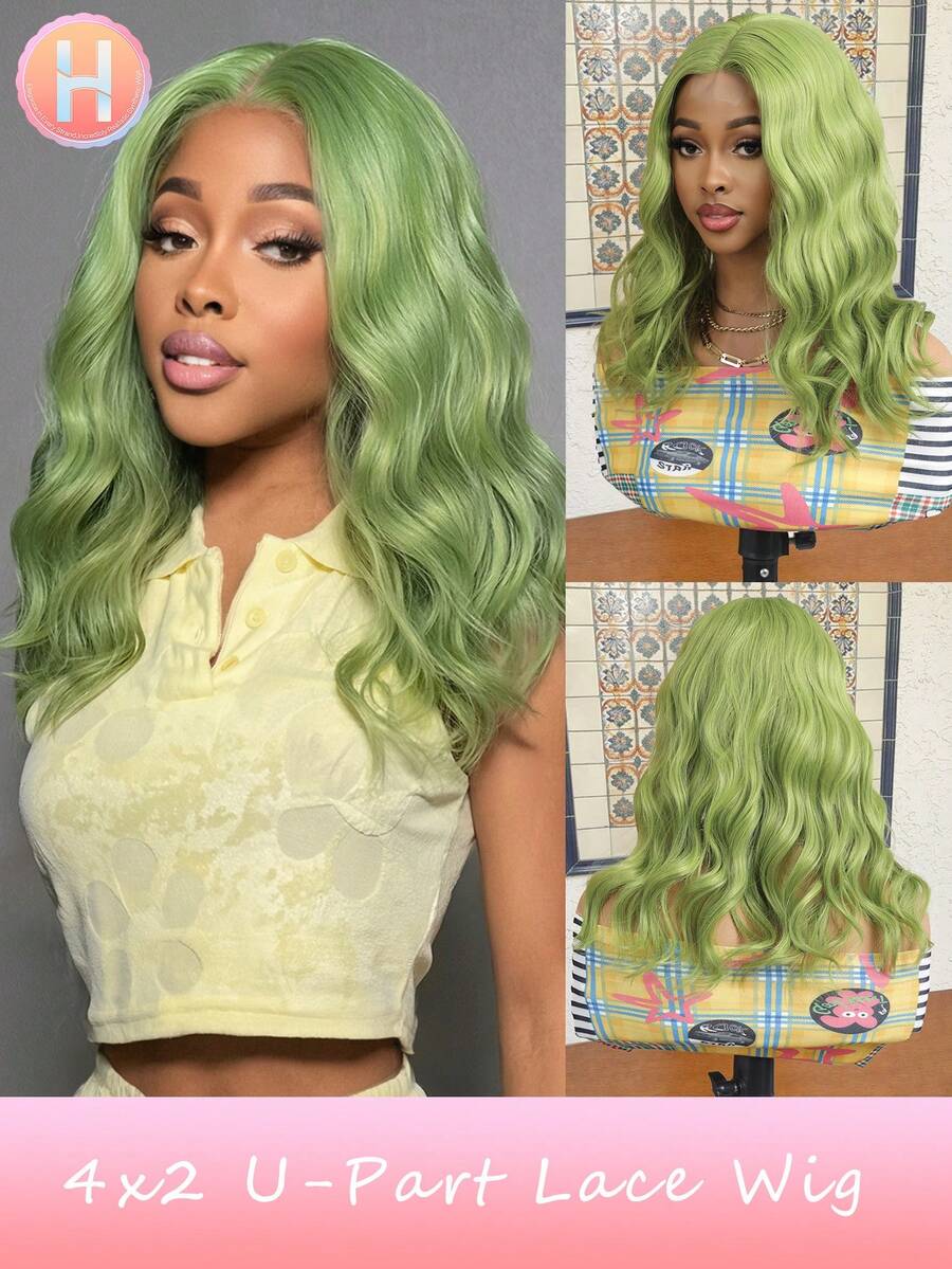 Synthetic Heat-Resistant Wig 4x2 U-Shaped Lace Wig, 16 Inches, Medium Length Curly Hair, Naturally Soft, Olive Green Realistic Wig, Easy To Wear, Synthetic Fiber Material, Heat-Resistant, Naturally Realistic, Suitable For Girls' Gatherings, Role-Playing, And Daily Wear - Olive Green - View 1