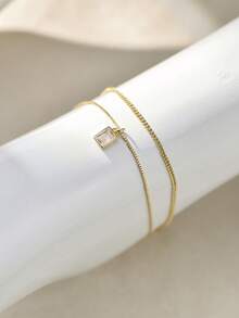 2pcs Geometric Rectangle Pendant Anklet Set With Copper Inlaid Cubic Zirconia, Layered Gold Chain, Suitable For Casual Daily Wear - Yellow Gold - View 3